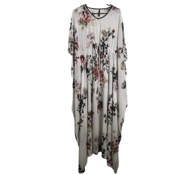 Here & Now Floral Printed Maxi Caftan Coverup Drawstring Cinched Waist - Picture 2 of 12